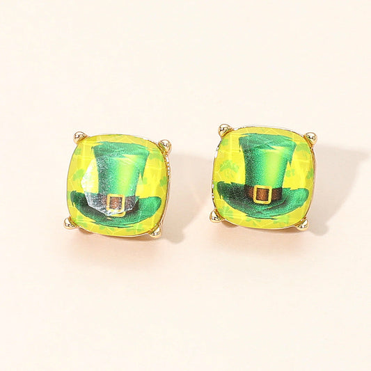 Madeline Love Green, Yellow St Patricks Leprechaun Hat Square Cushion Stud Earrings