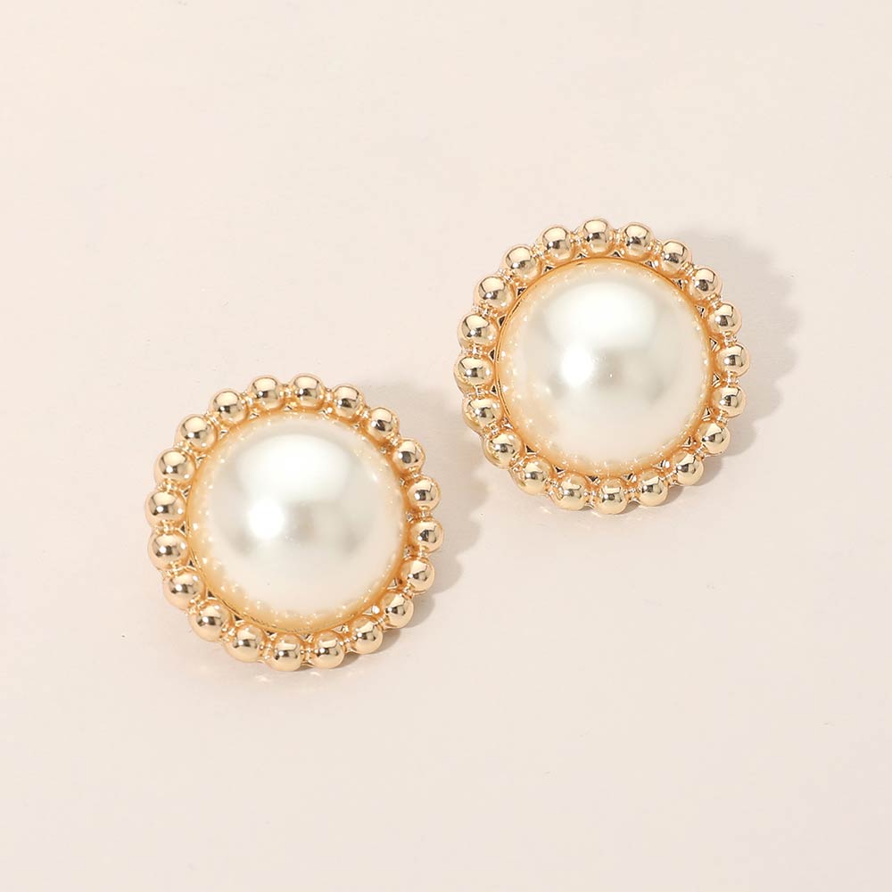 Madeline Love Cream, Gold Beaded Rim Pearl Stud Earrings