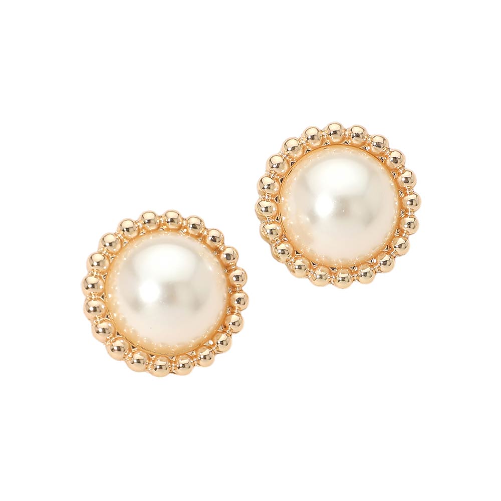 Madeline Love Cream, Gold Beaded Rim Pearl Stud Earrings - desc