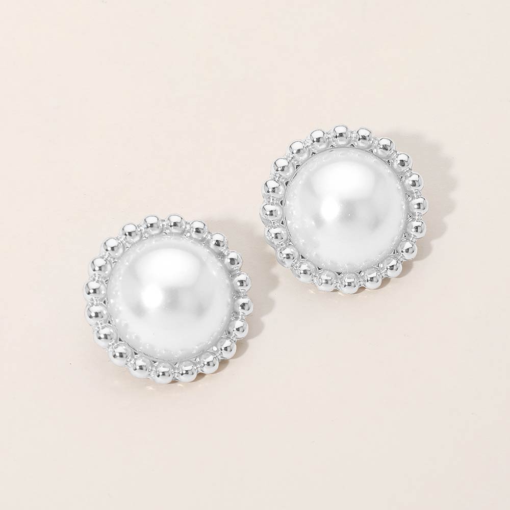 Madeline Love Silver, White Beaded Rim Pearl Stud Earrings