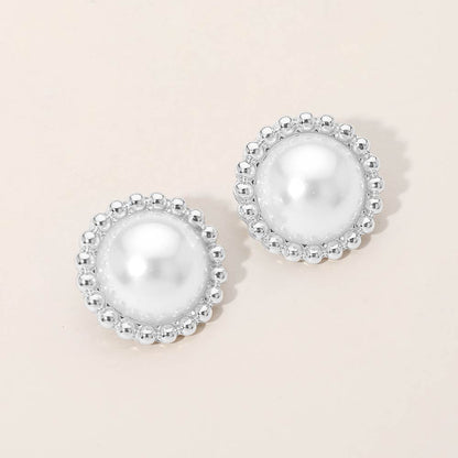 Madeline Love Silver, White Beaded Rim Pearl Stud Earrings