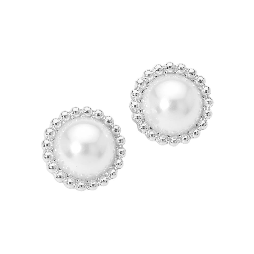 Madeline Love Silver, White Beaded Rim Pearl Stud Earrings - desc
