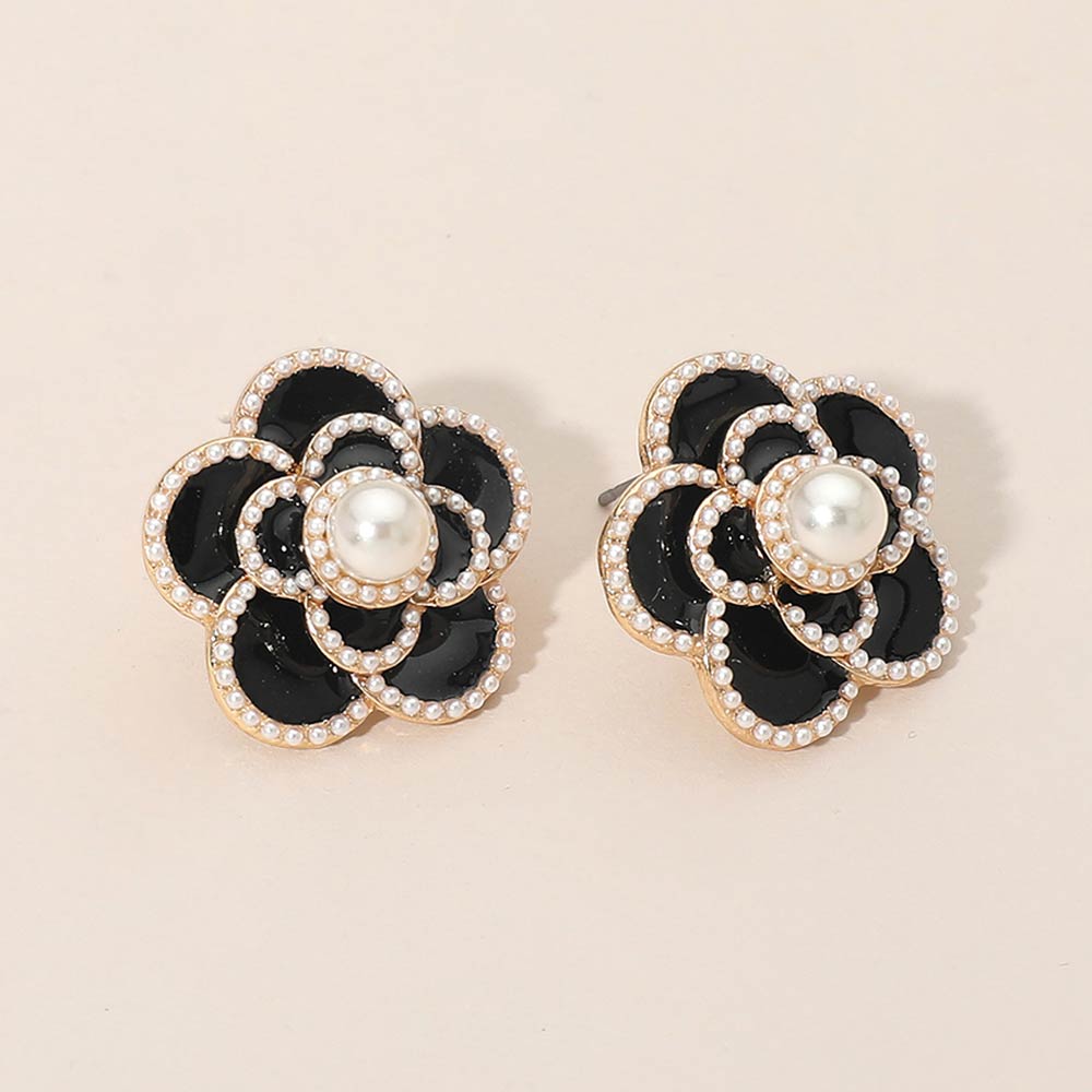 Madeline Love Black Pearl Accent Camellia Flower Stud Earrings