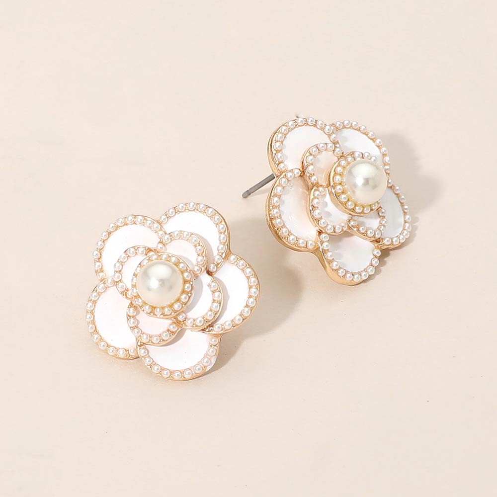 Madeline Love White Pearl Accent Camellia Flower Stud Earrings