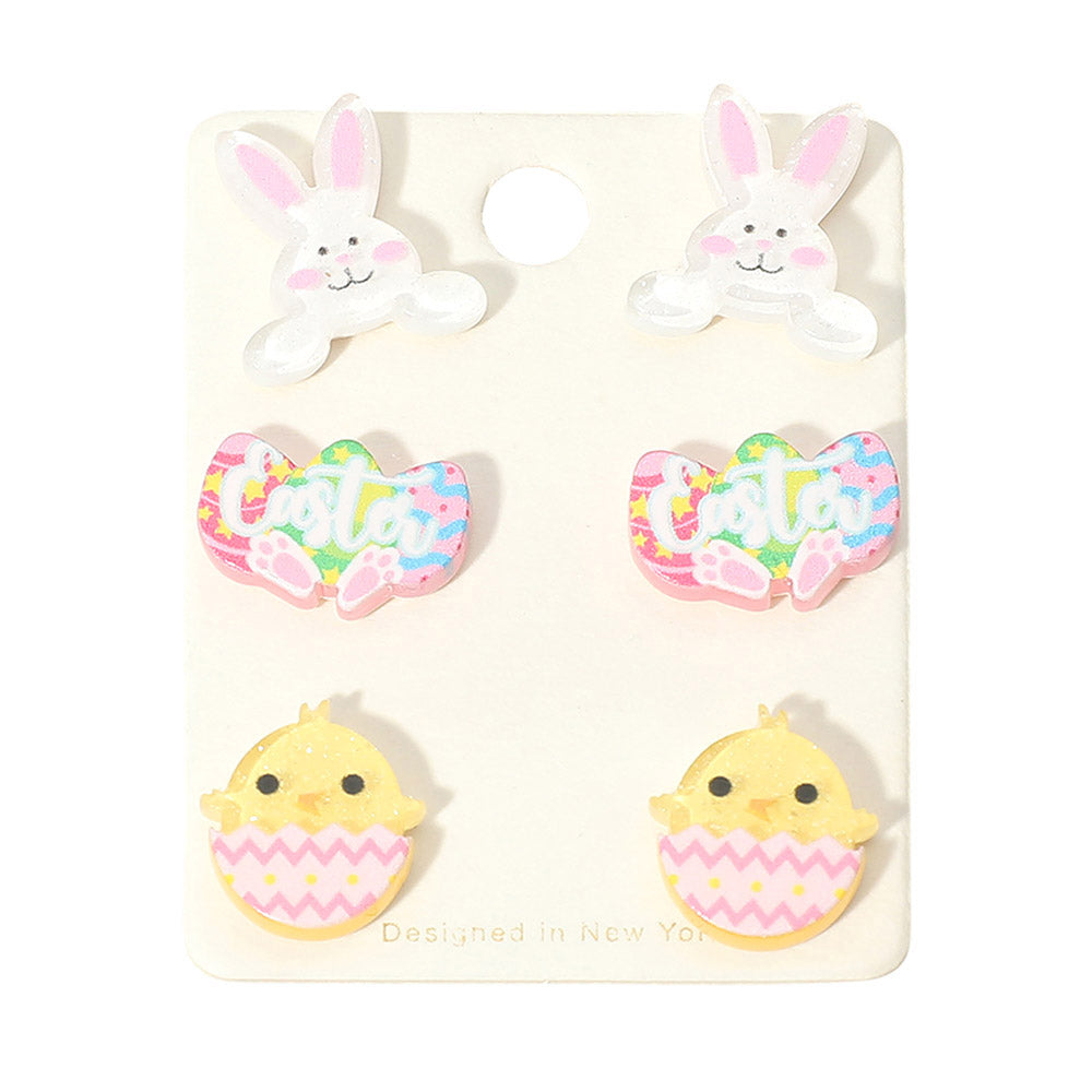 Madeline Love Multi 3Pairs - Easter Bunny Egg Chick Stud Earring Set - Earrings - desc