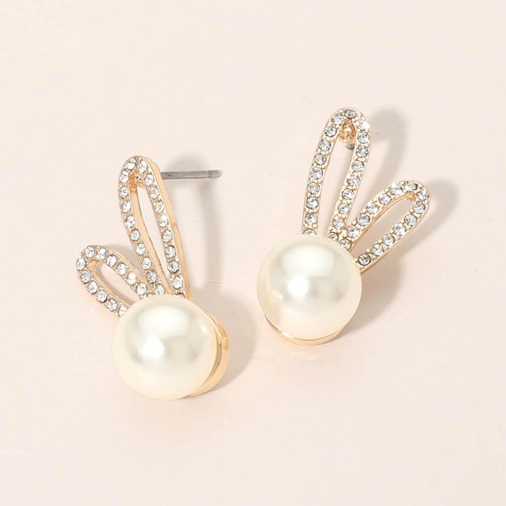 Madeline Love Cream, Gold Rhinestone Pave Ear Pearl Bunny Stud Earrings