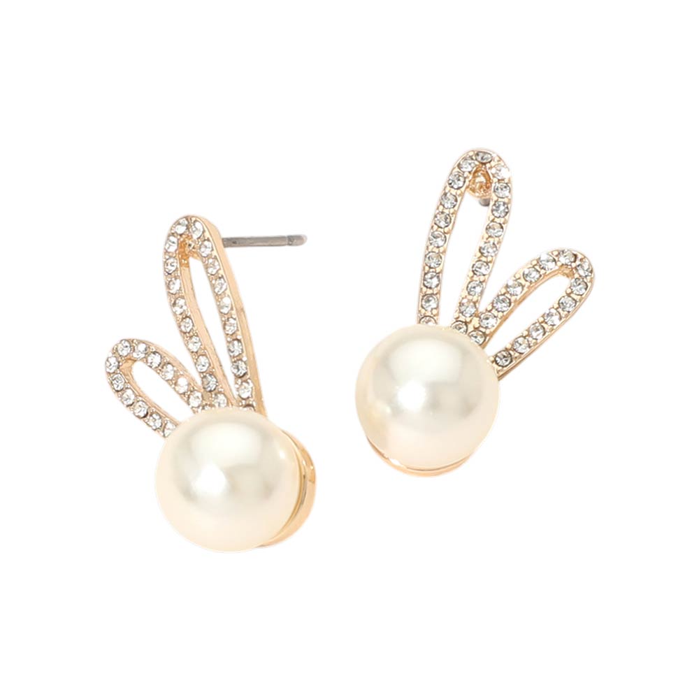 Madeline Love Cream, Gold Rhinestone Pave Ear Pearl Bunny Stud Earrings - desc