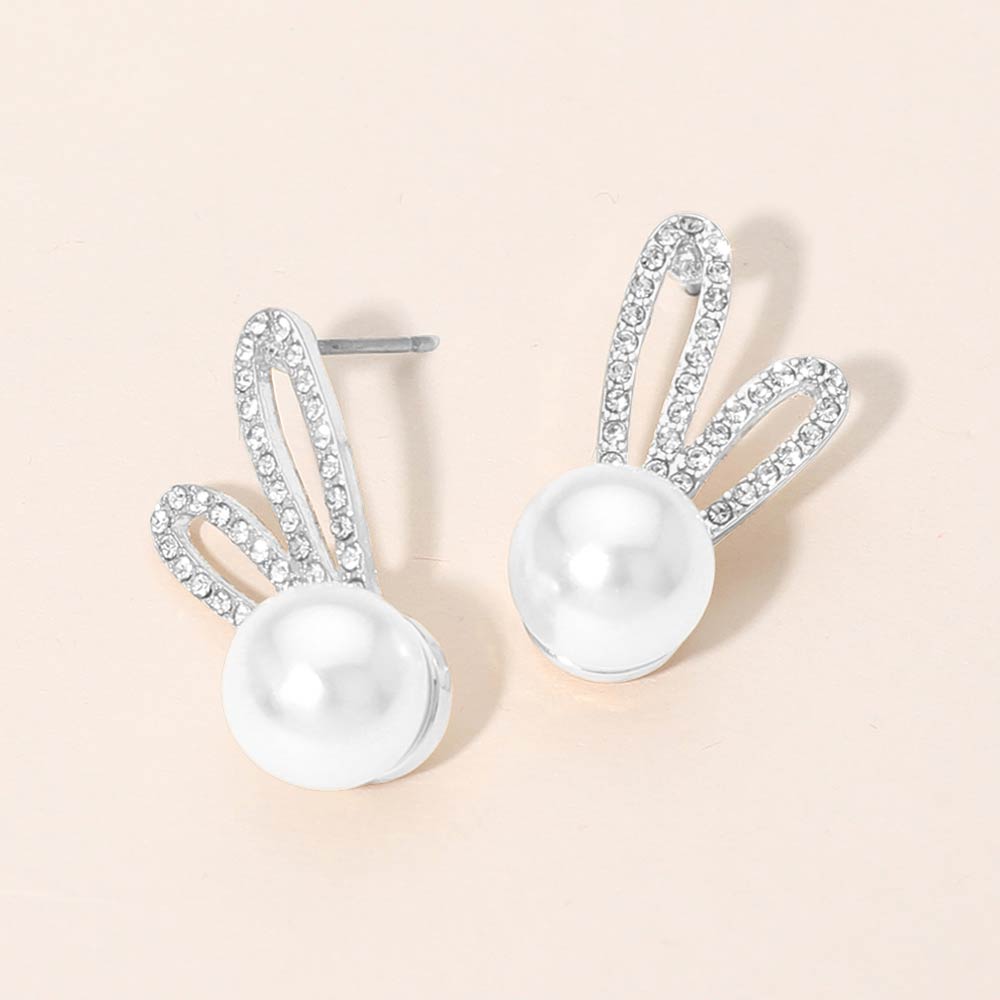 Madeline Love Silver, White Rhinestone Pave Ear Pearl Bunny Stud Earrings