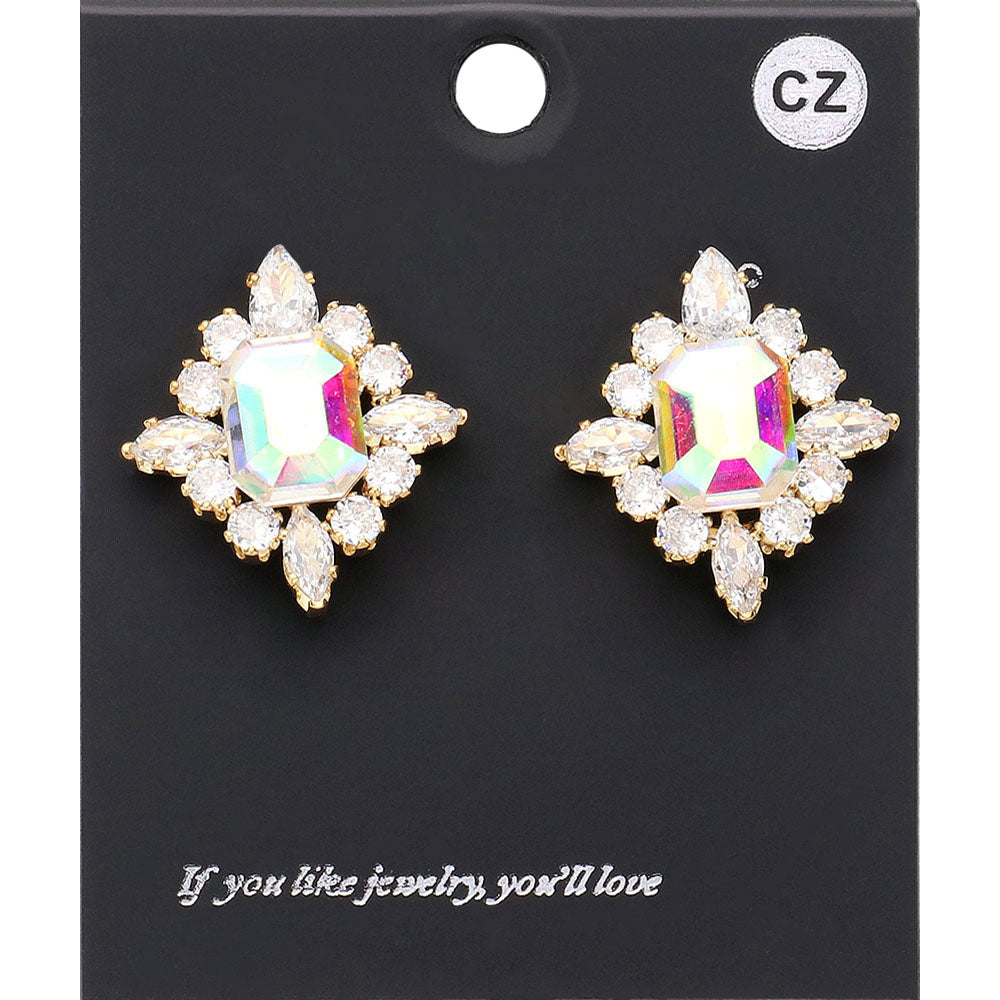 Madeline Love AB, Gold CZ Rectangle Stone Cluster Pointed Evening Stud Earrings