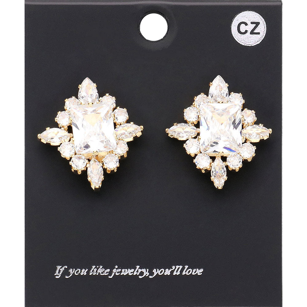 Madeline Love Clear, Gold CZ Rectangle Stone Cluster Pointed Evening Stud Earrings
