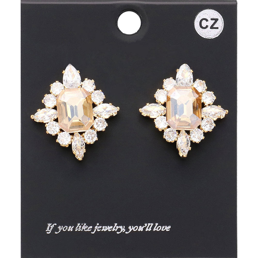 Madeline Love Gold, Lt Col Topaz CZ Rectangle Stone Cluster Pointed Evening Stud Earrings