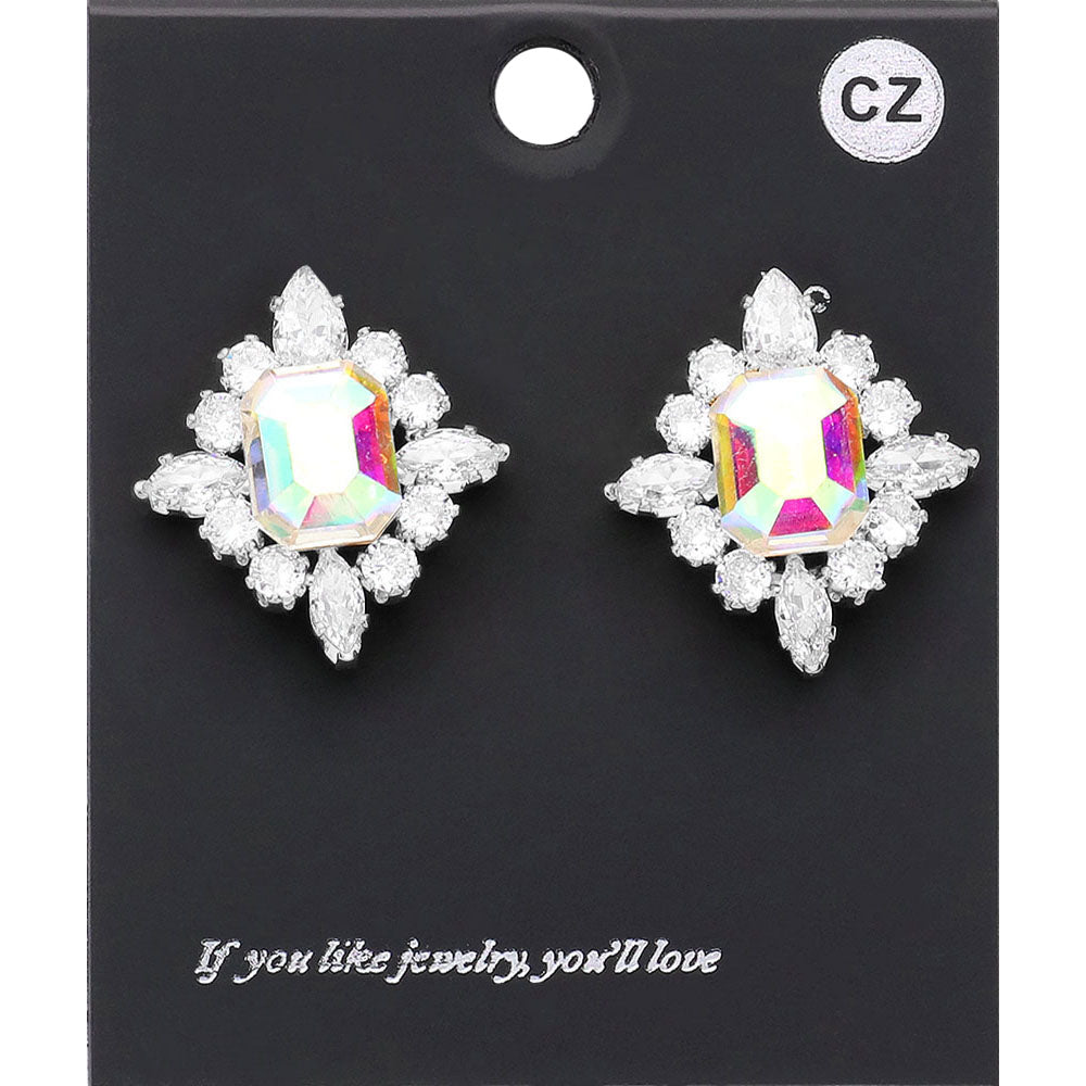 Madeline Love AB, Silver CZ Rectangle Stone Cluster Pointed Evening Stud Earrings