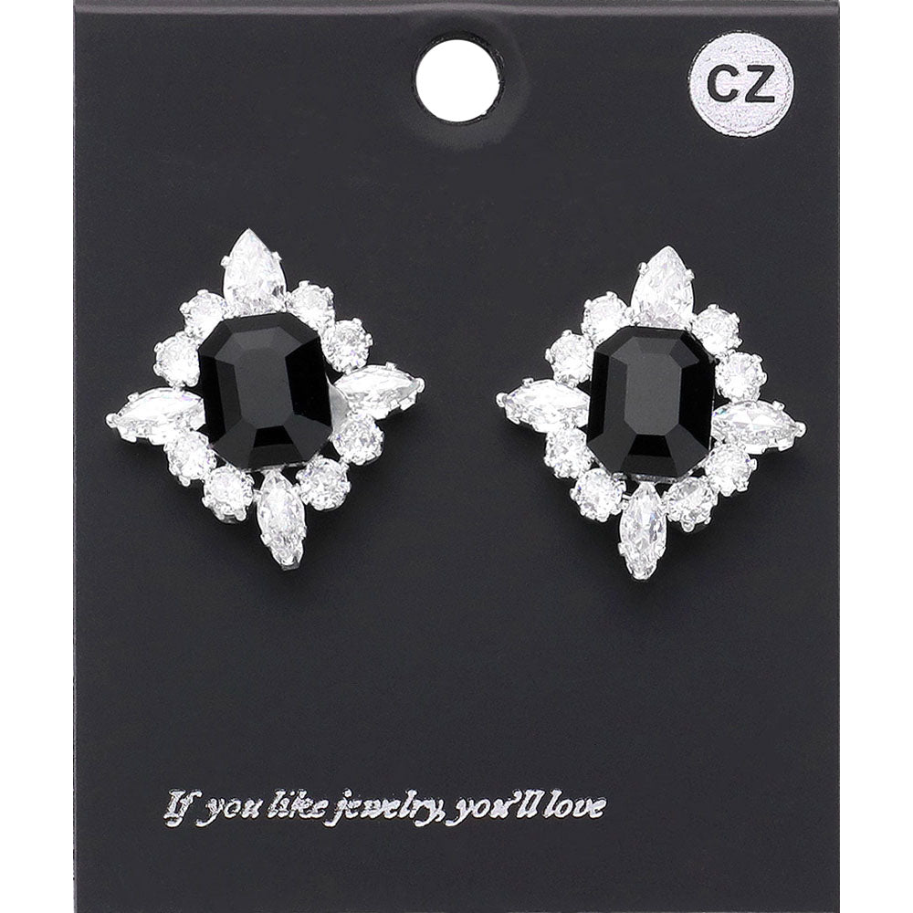Madeline Love Black, Silver CZ Rectangle Stone Cluster Pointed Evening Stud Earrings