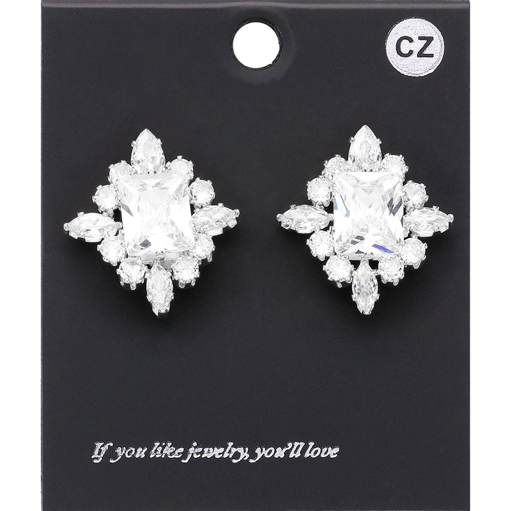Madeline Love Clear, Silver CZ Rectangle Stone Cluster Pointed Evening Stud Earrings