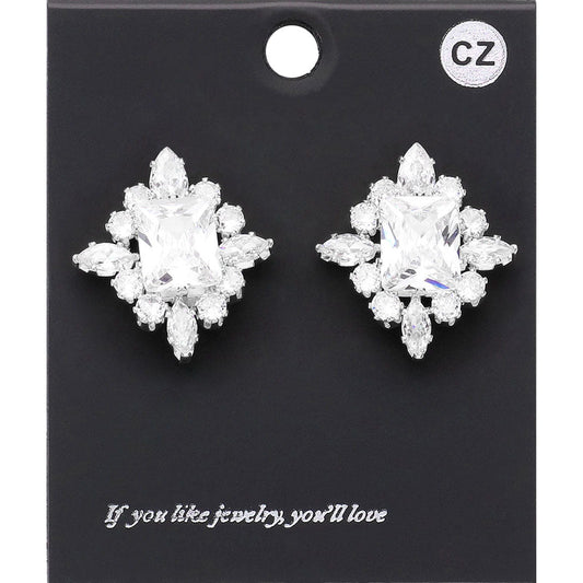 Madeline Love Clear, Silver CZ Rectangle Stone Cluster Pointed Evening Stud Earrings