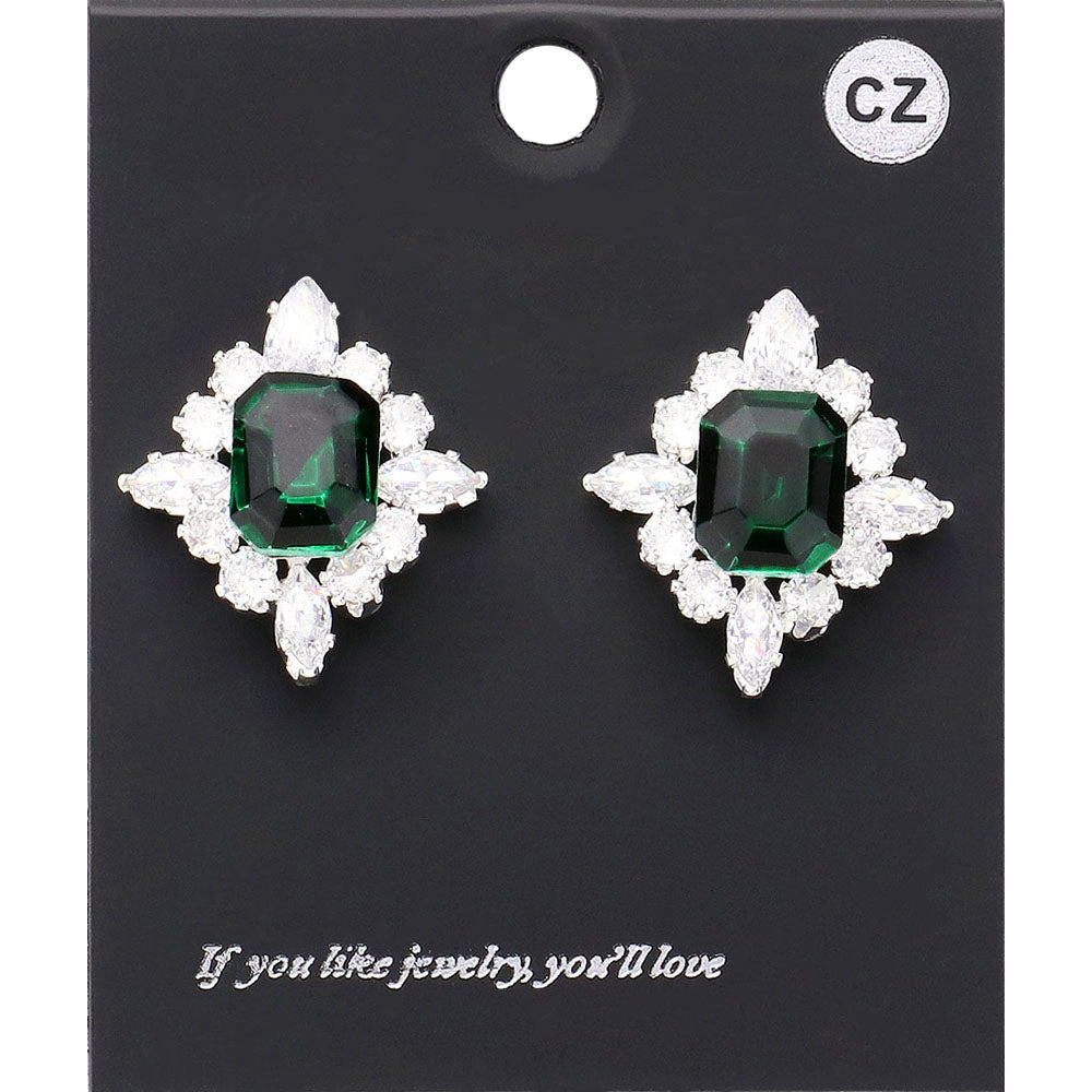 Madeline Love Emerald, Silver CZ Rectangle Stone Cluster Pointed Evening Stud Earrings