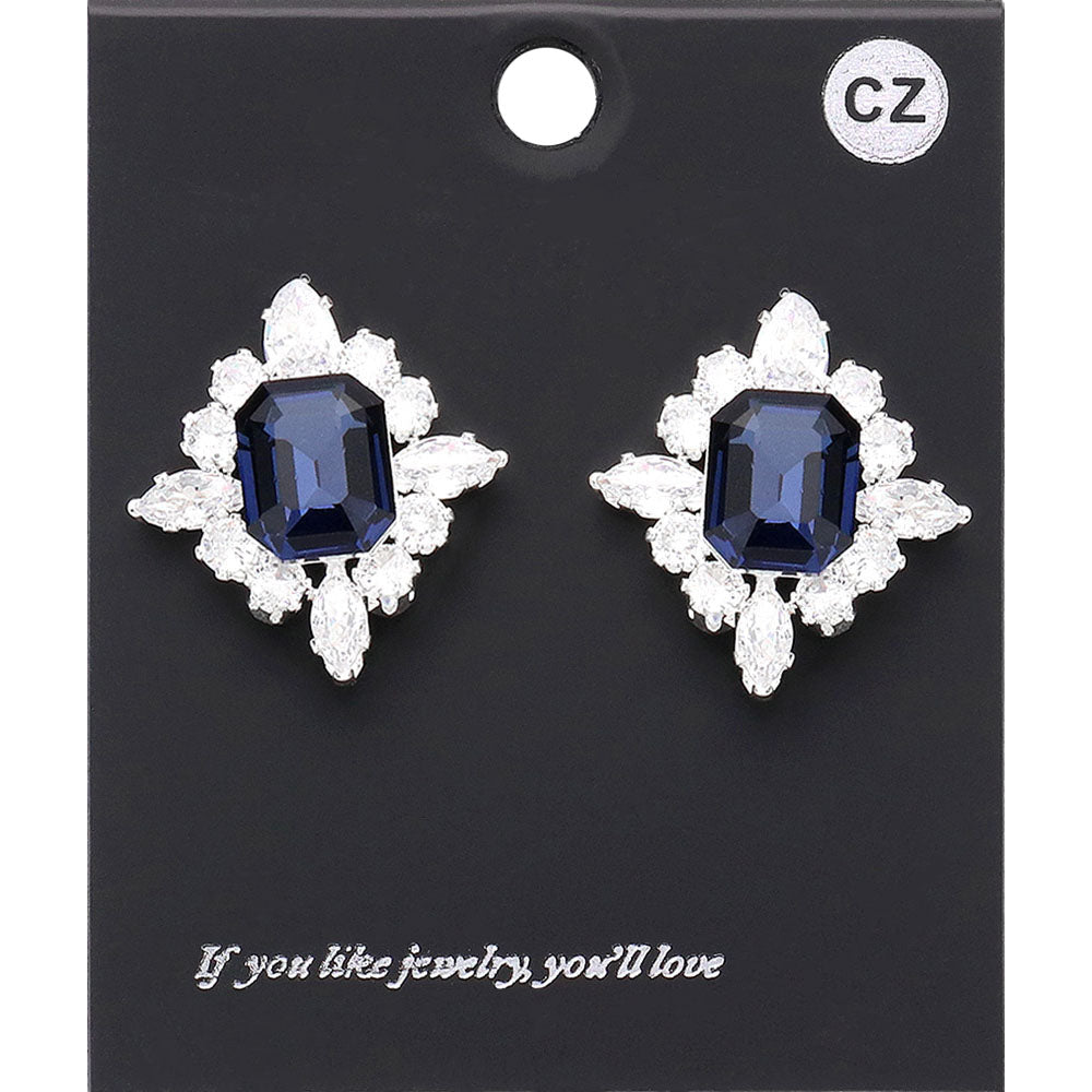 Madeline Love Montana Blue, Silver CZ Rectangle Stone Cluster Pointed Evening Stud Earrings