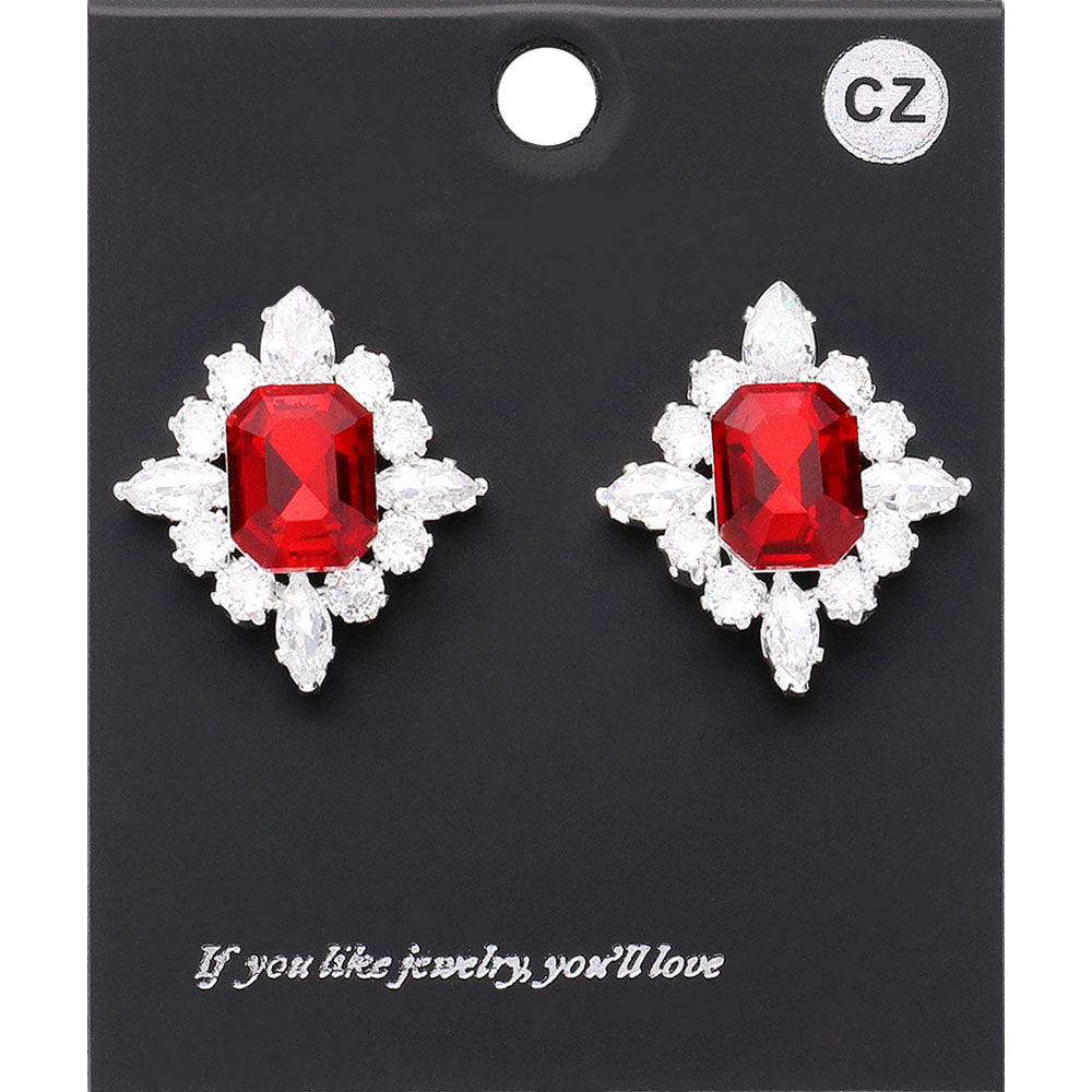 Madeline Love Red, Silver CZ Rectangle Stone Cluster Pointed Evening Stud Earrings