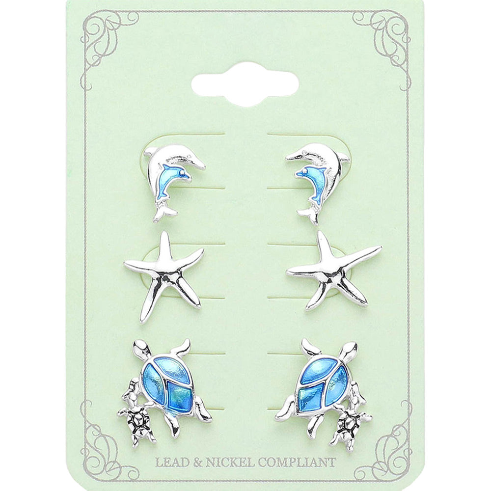 Madeline Love Antique Silver, Blue 3PAIRS - Dolphin Starfish Sea Turtle Stud Earrings Set