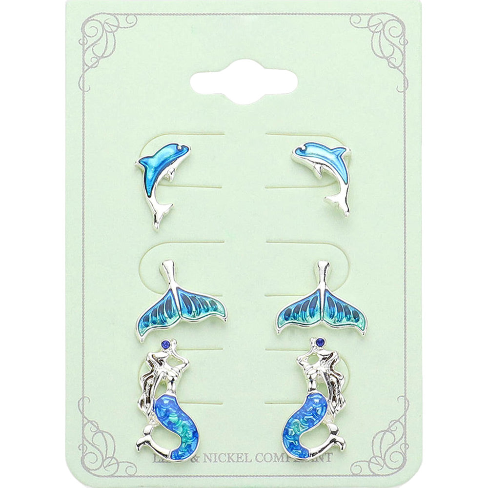 Madeline Love Antique Silver, Blue 3PAIRS - Dolphin Whale Tai Mermaid Stud Earrings Set