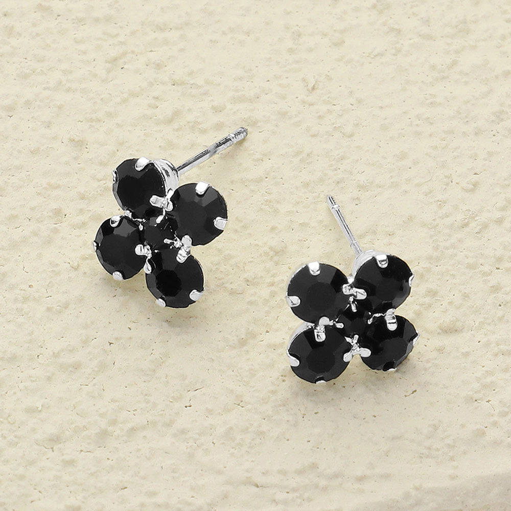 Madeline Love Black, Silver Flower Stone Stud Earrings