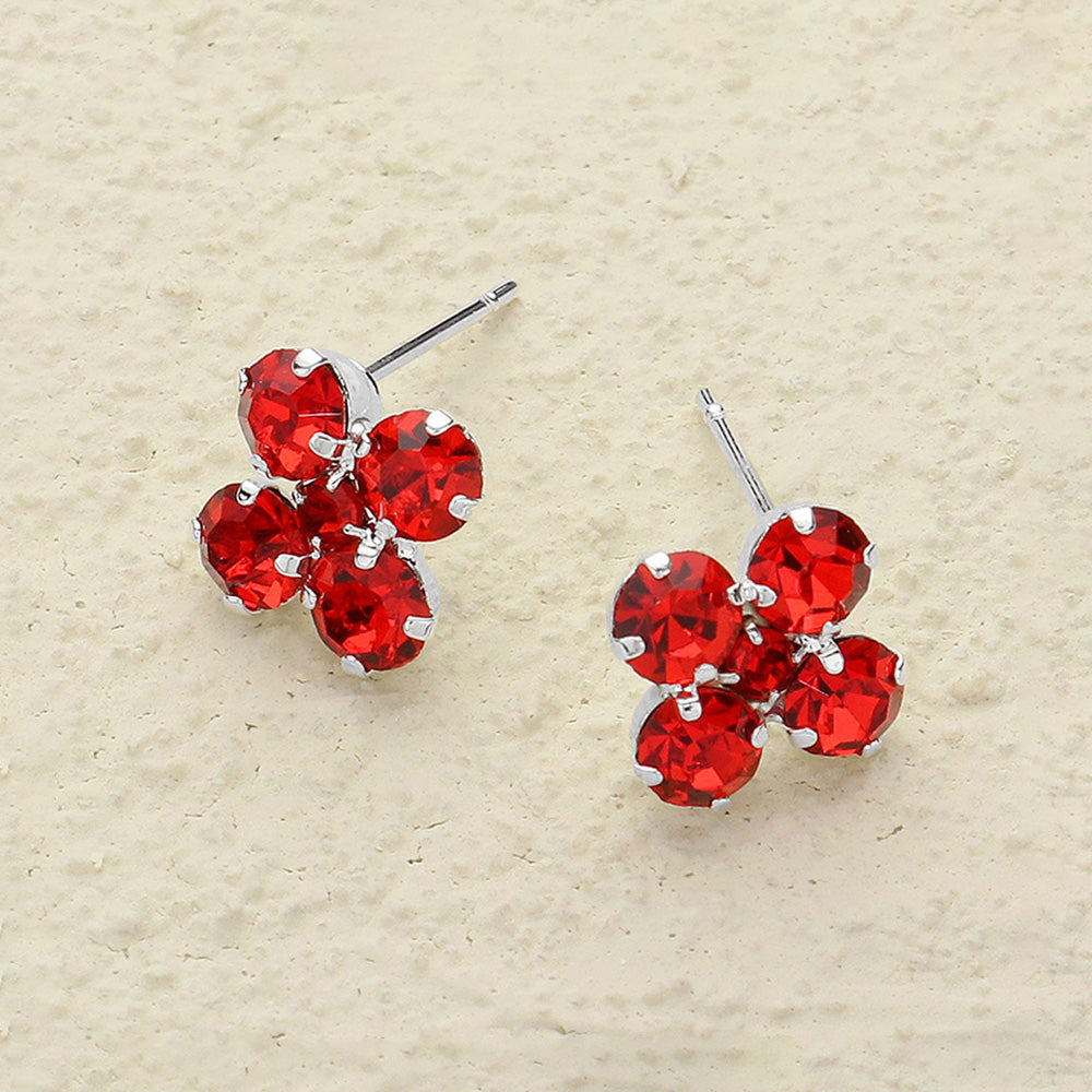 Madeline Love Red, Silver Flower Stone Stud Earrings