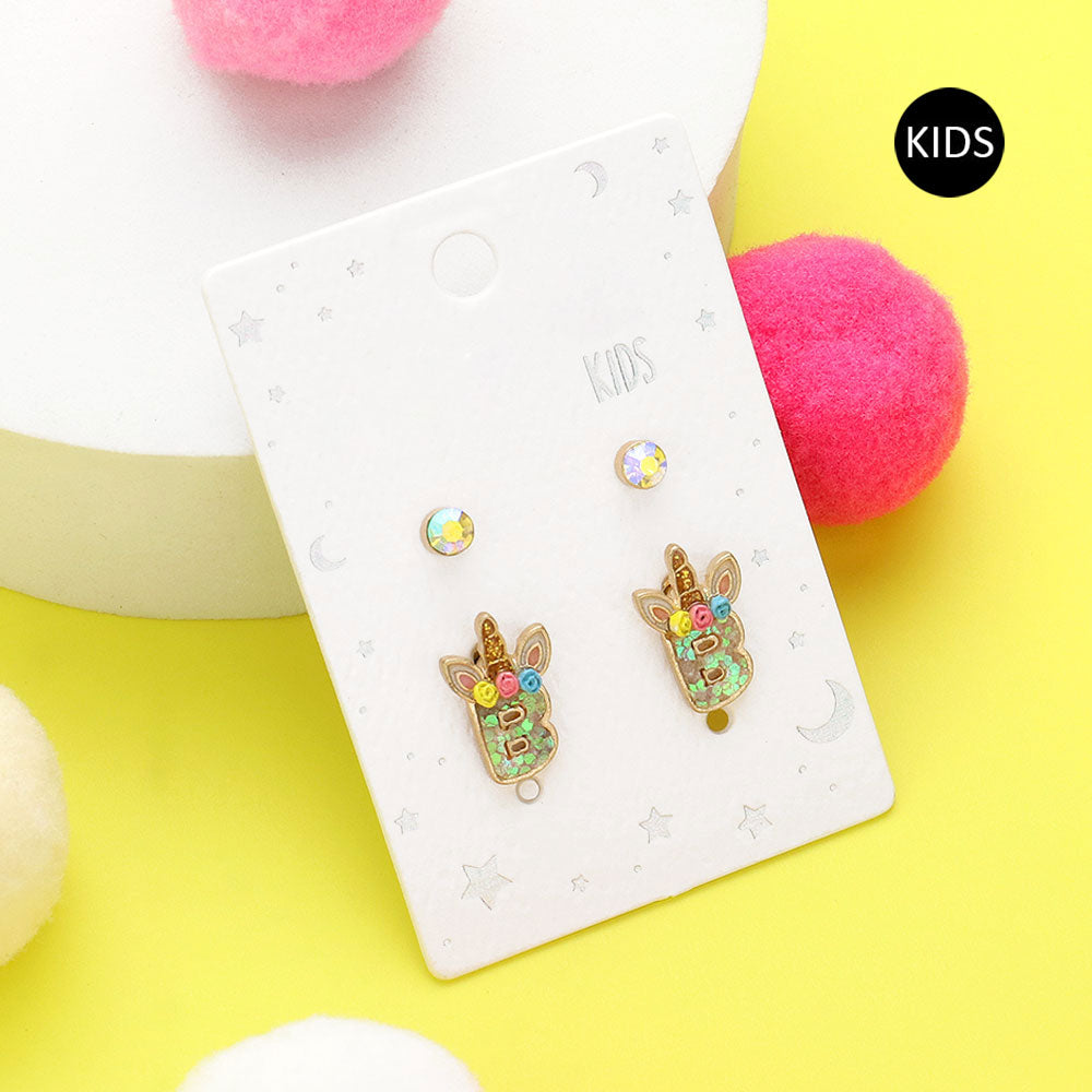 Madeline Love ~B~ 2Pairs - B Round Stone Unicorn Initial Monogram Stud Kids Earrings