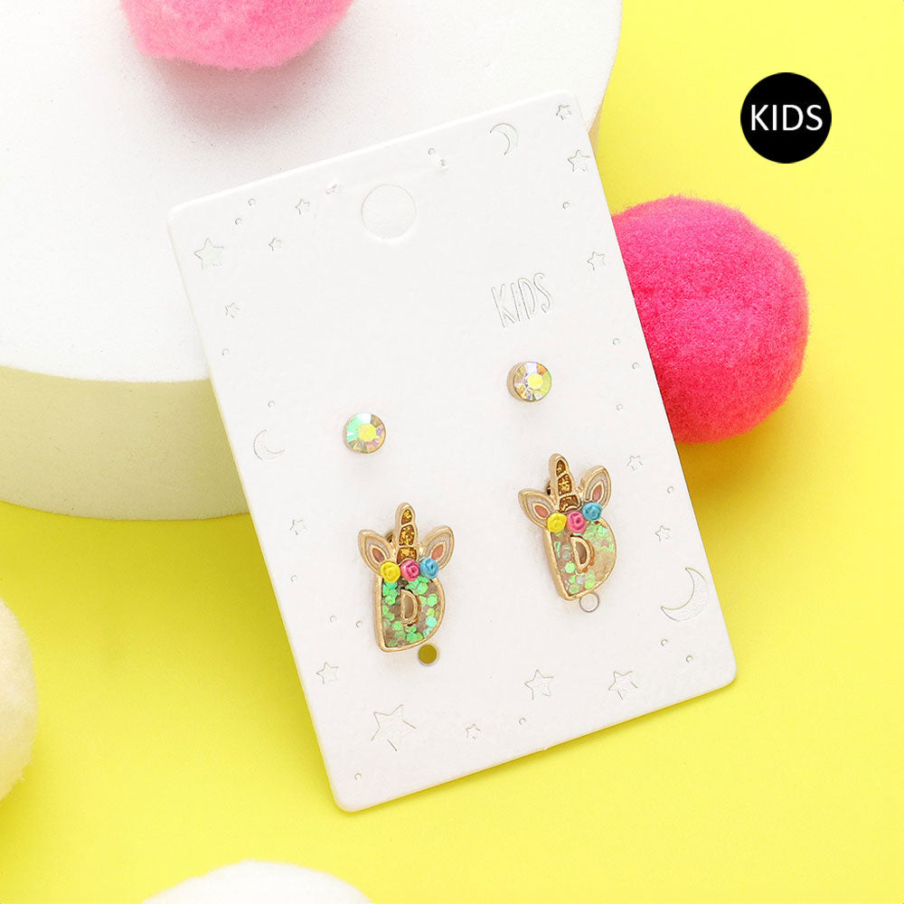 Madeline Love ~D~ 2Pairs - D Round Stone Unicorn Initial Monogram Stud Kids Earrings