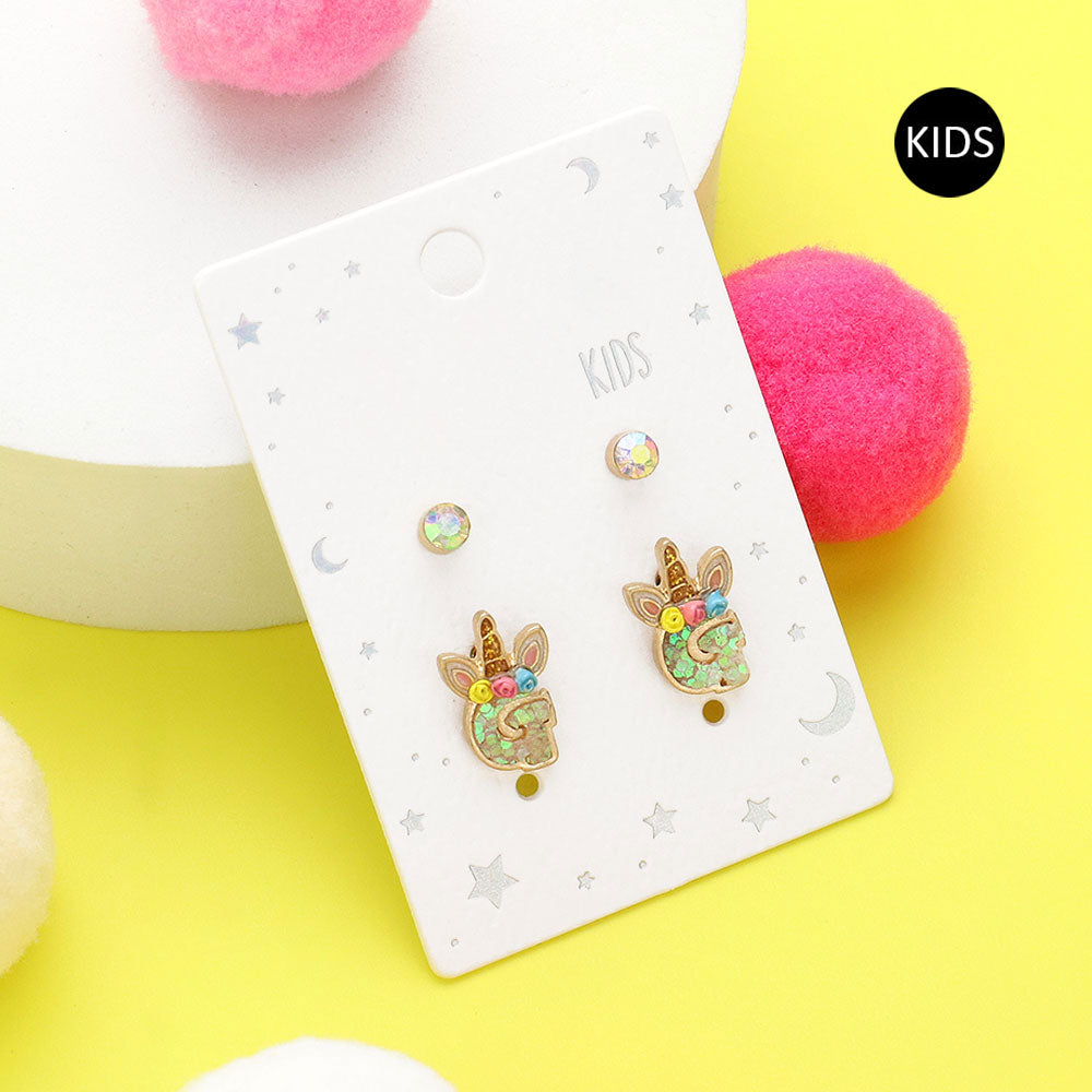 Madeline Love ~G~ 2Pairs - G Round Stone Unicorn Initial Monogram Stud Kids Earrings