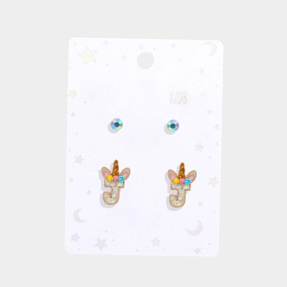 Madeline Love ~J~ 2Pairs - J Round Stone Unicorn Initial Monogram Stud Kids Earrings - desc