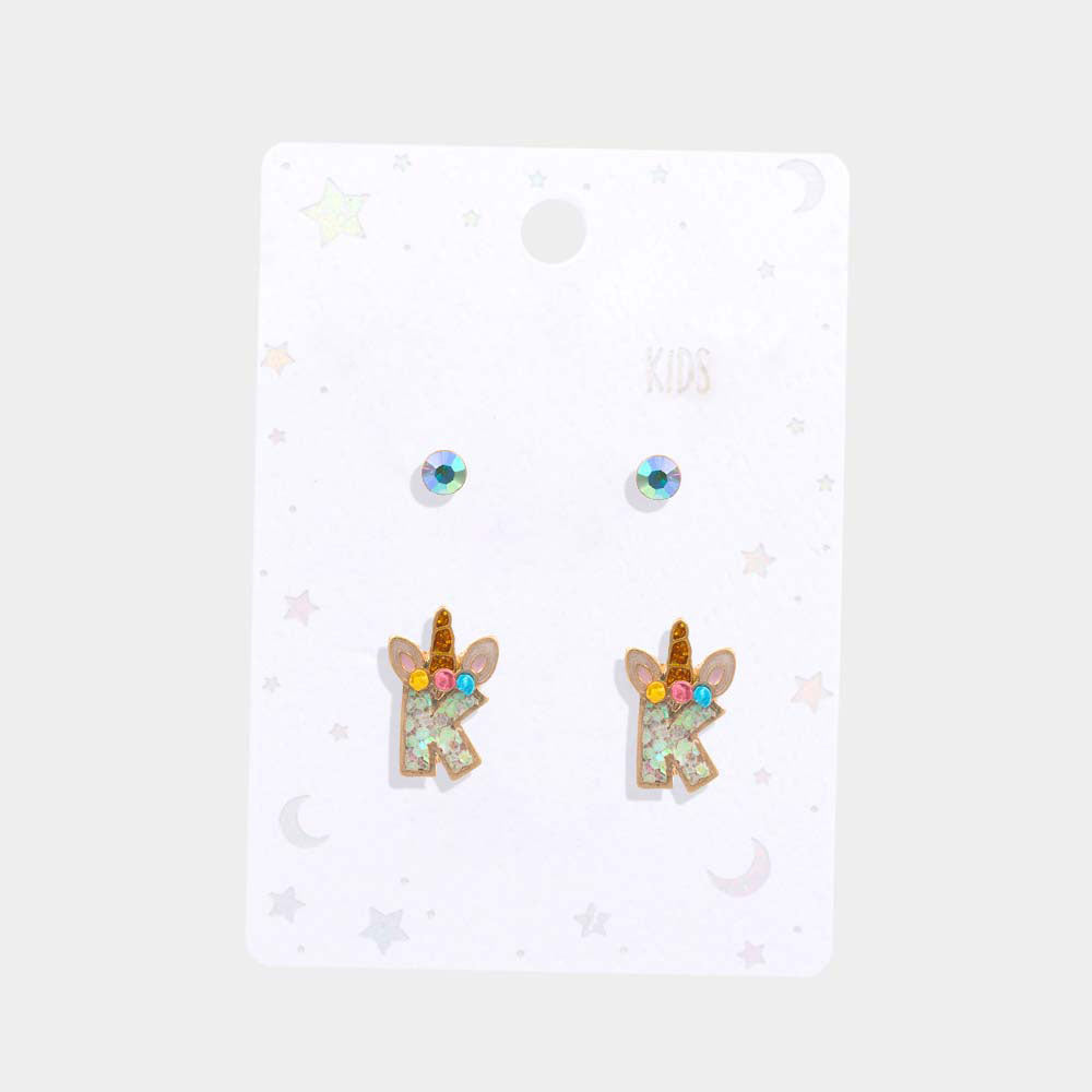 Madeline Love ~K~ 2Pairs - K Round Stone Unicorn Initial Monogram Stud Kids Earrings - desc