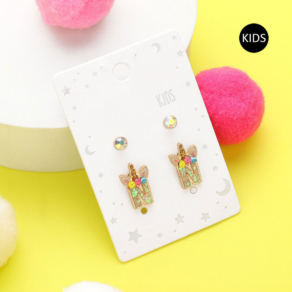 Madeline Love ~N~ 2Pairs - N Round Stone Unicorn Initial Monogram Stud Kids Earrings