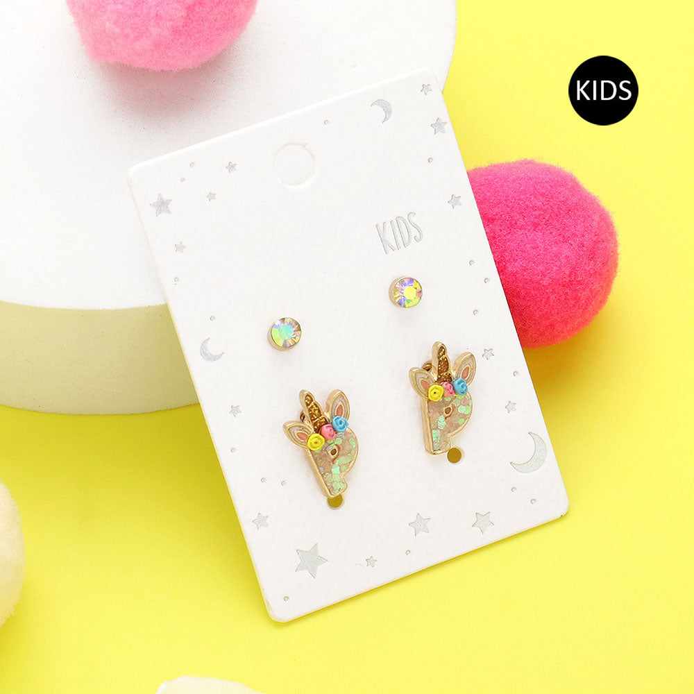 Madeline Love ~P~ 2Pairs - P Round Stone Unicorn Initial Monogram Stud Kids Earrings