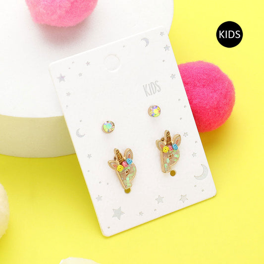 Madeline Love ~P~ 2Pairs - P Round Stone Unicorn Initial Monogram Stud Kids Earrings