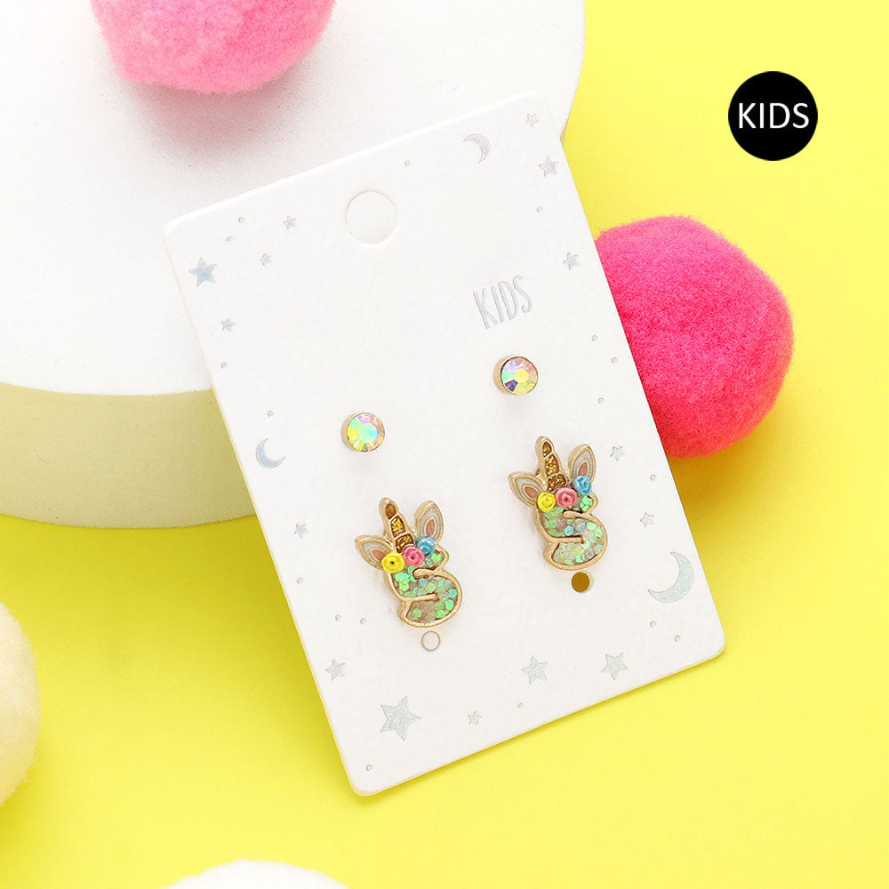 Madeline Love ~S~ 2Pairs - S Round Stone Unicorn Initial Monogram Stud Kids Earrings