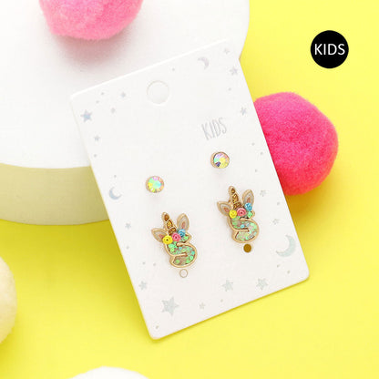 Madeline Love ~S~ 2Pairs - S Round Stone Unicorn Initial Monogram Stud Kids Earrings