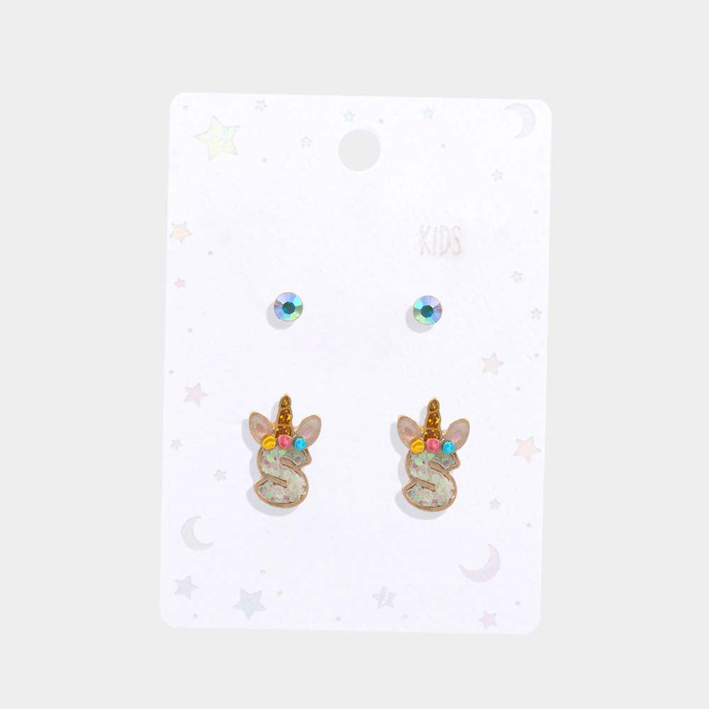 Madeline Love ~S~ 2Pairs - S Round Stone Unicorn Initial Monogram Stud Kids Earrings - desc