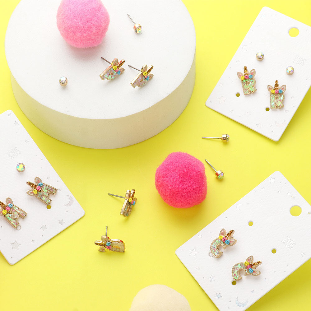 Madeline Love ~S~ 2Pairs - S Round Stone Unicorn Initial Monogram Stud Kids Earrings - extra