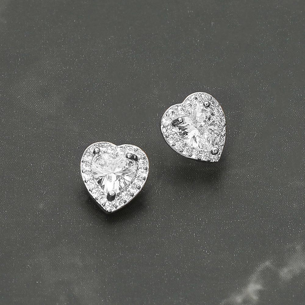 Madeline Love Clear, Silver CZ Heart Stud Earrings