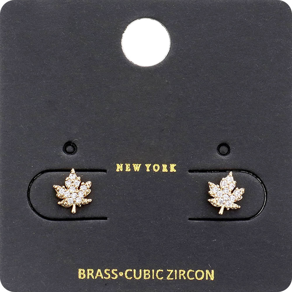 Madeline Love Gold CZ Stone Embellished Brass Metal Maple Leaf Stud Earrings