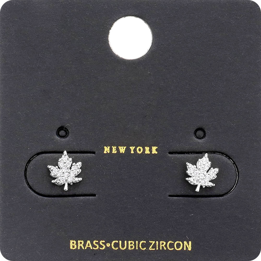 Madeline Love Rhodium CZ Stone Embellished Brass Metal Maple Leaf Stud Earrings
