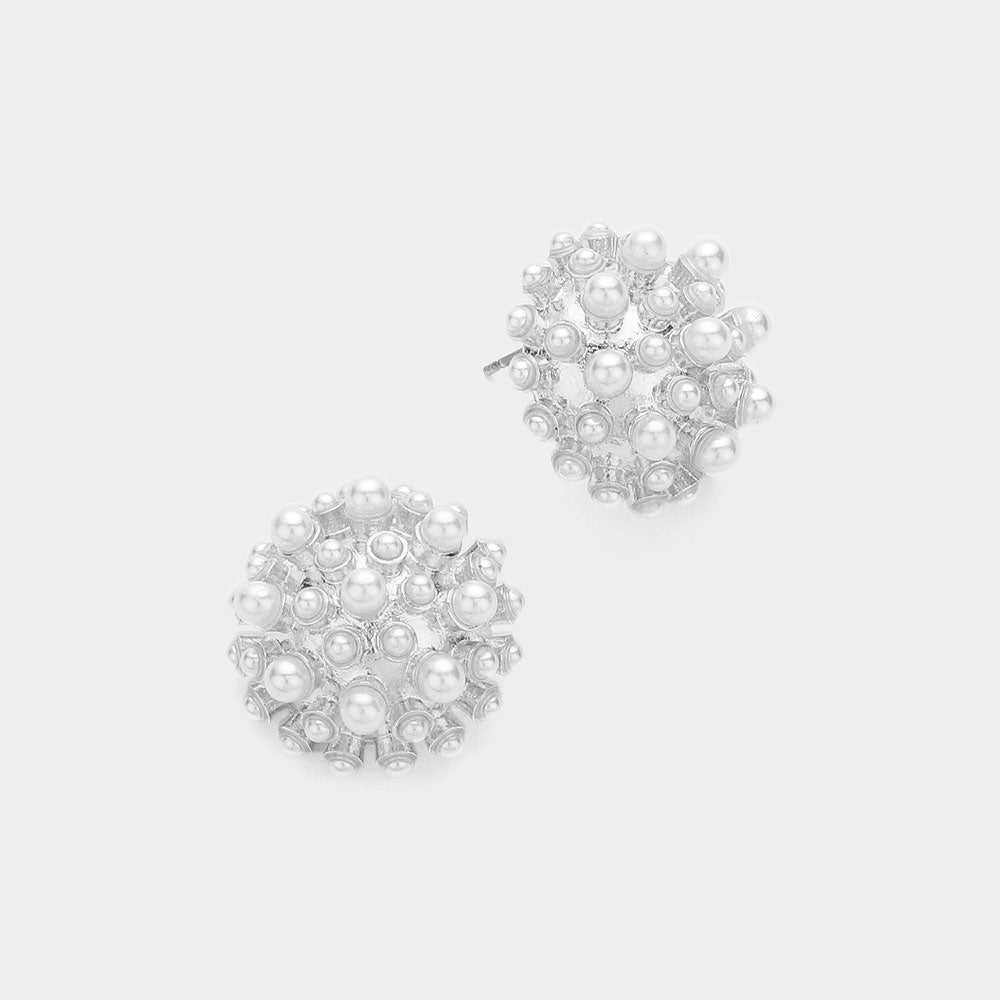 Madeline Love Cream, Rhodium Pearl Cluster Stud Earrings