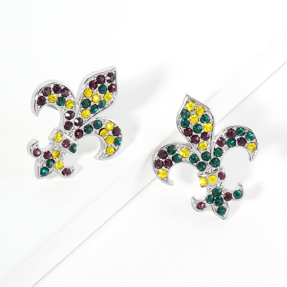 Multi Crystal Stone Paved Mardi Gras Fleur de Lis Stud Earrings