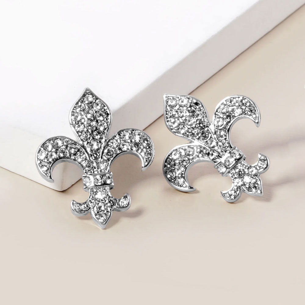 Rhodium Crystal Stone Paved Fleur de Lis Stud Earrings