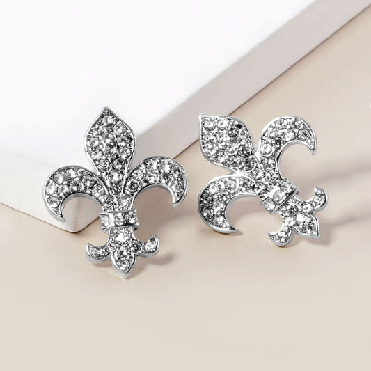 Rhodium Crystal Stone Paved Fleur de Lis Stud Earrings