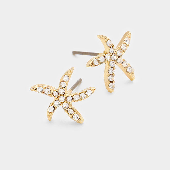 Clear, Gold Starfish Stud Earrings