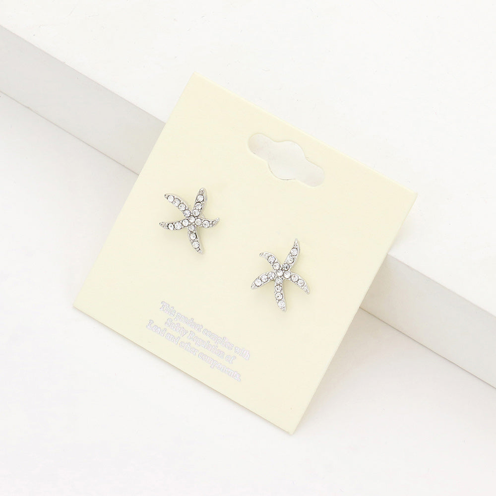 Clear, Rhodium Starfish Stud Earrings