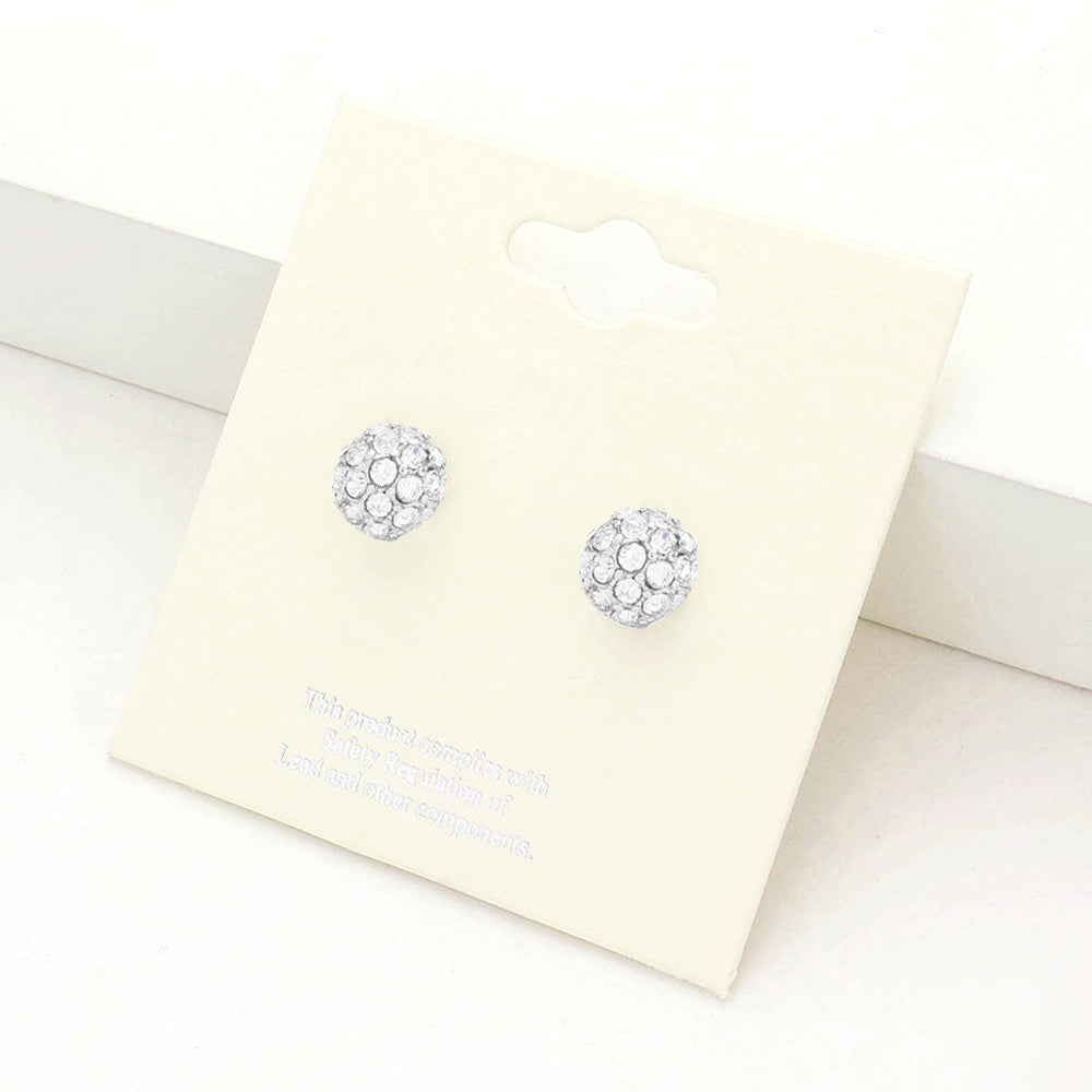 Clear, Rhodium Shamballa Ball Stud Earrings