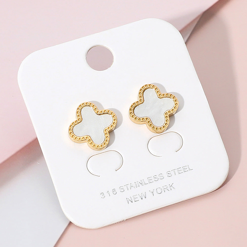 Madeline Love Gold, Mother of Pearl Stainless Steel Mother of Pearl Quatrefoil Stud Earrings