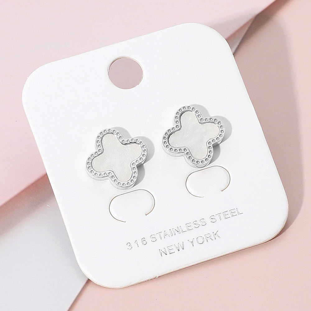 Madeline Love Mother of Pearl, Silver Stainless Steel Mother of Pearl Quatrefoil Stud Earrings